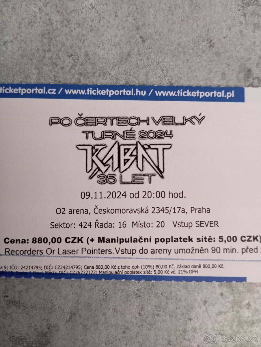 Vstupenky - Kabát O2 arena Praha 9.11.2024