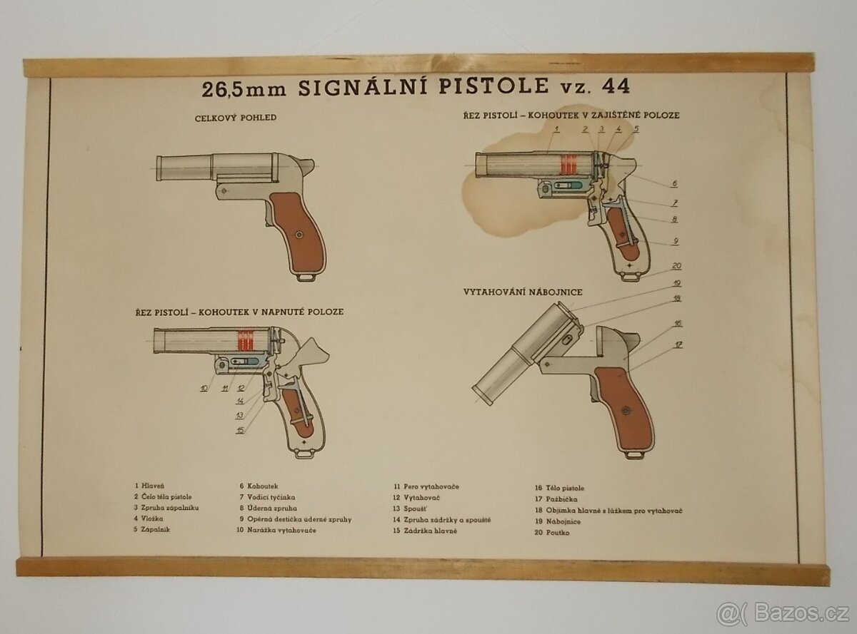 Originální výukový plakát ČSLA, signální pistole vz.44.