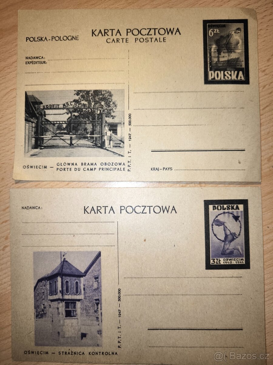 Dvě polské dopisnice, 1945, Osvětim.