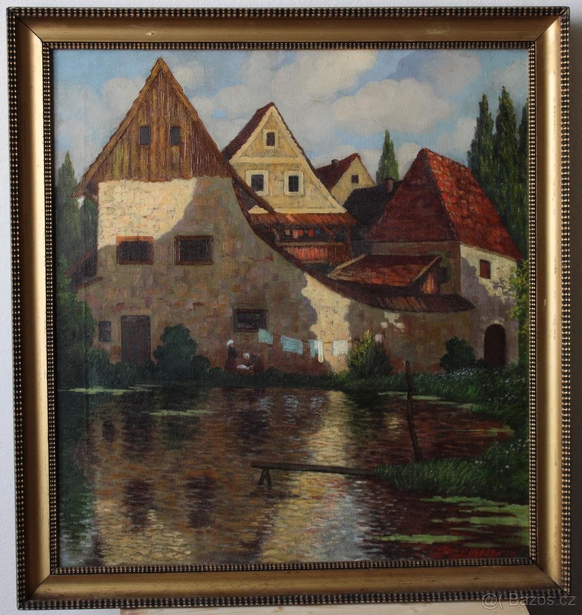 73x68,F.Urban 1930,Pradleny u rybníka,olej na plátně.