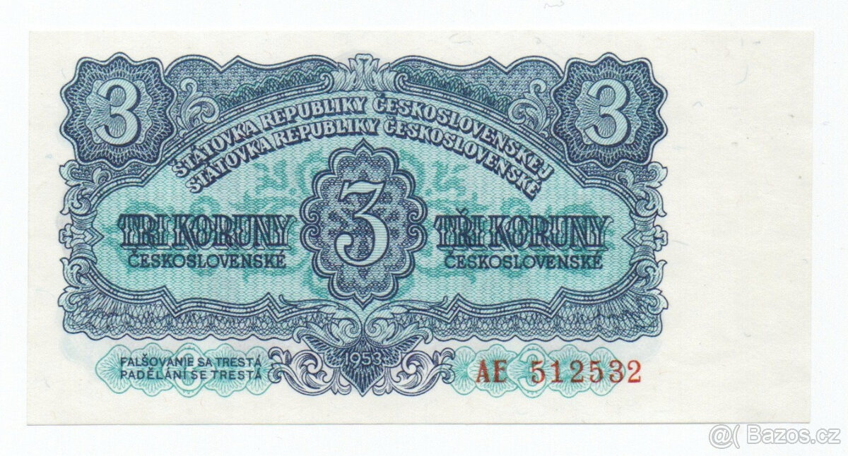 3 Koruny 1953 stav UNC.