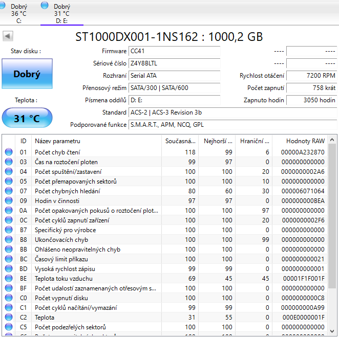SSHD disk Seagate s kapacitou 1 Tb, v provozu jen 3050 hodin