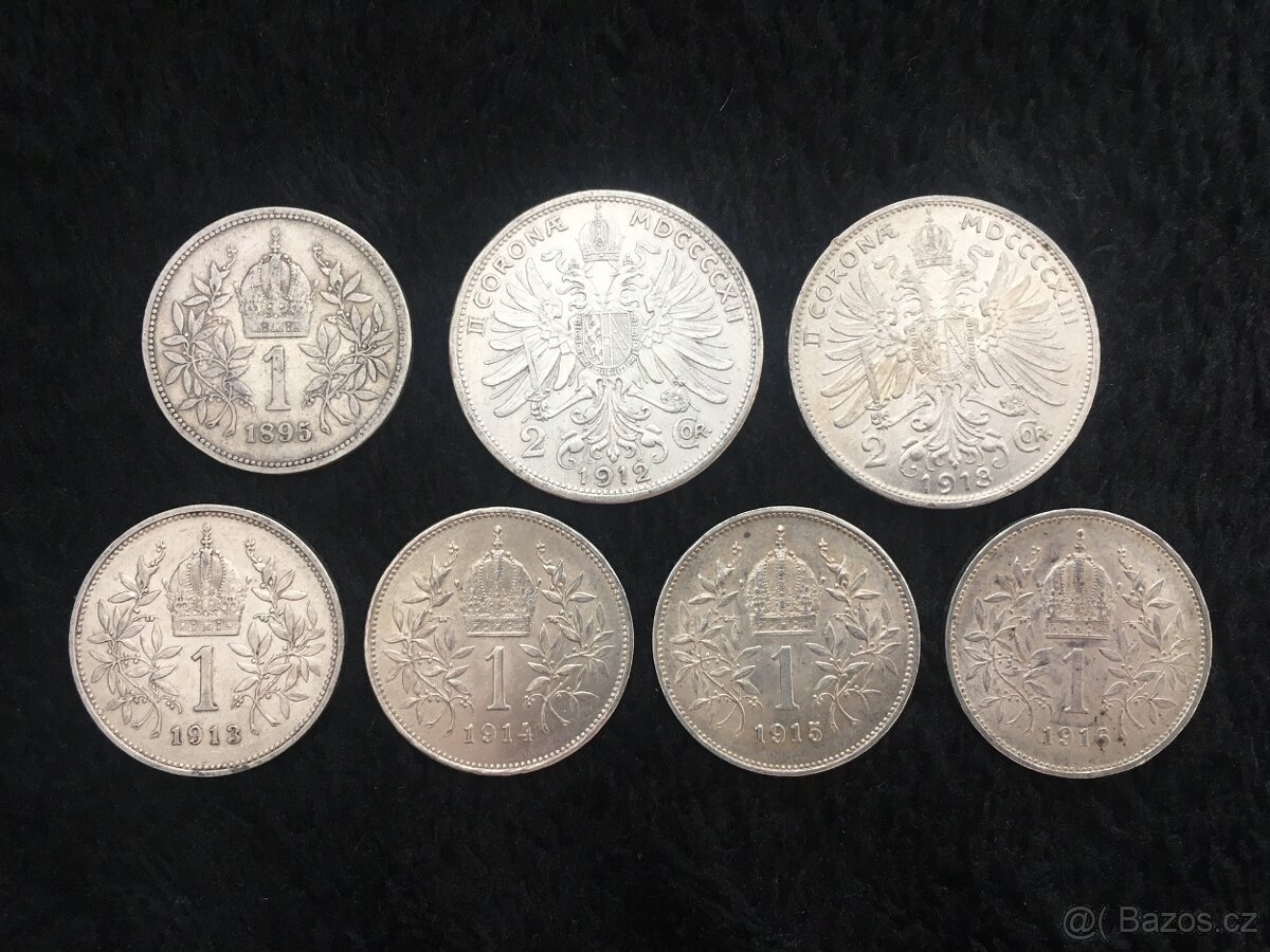7 kusů 1 a 2 korun Rakousko Uhersko, každá mince jiná