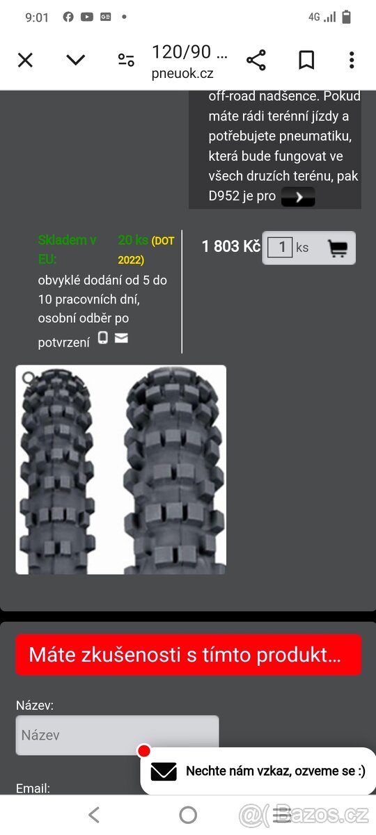 Prodám novou motokrosovou pneu značky Dunlop 120x90x18