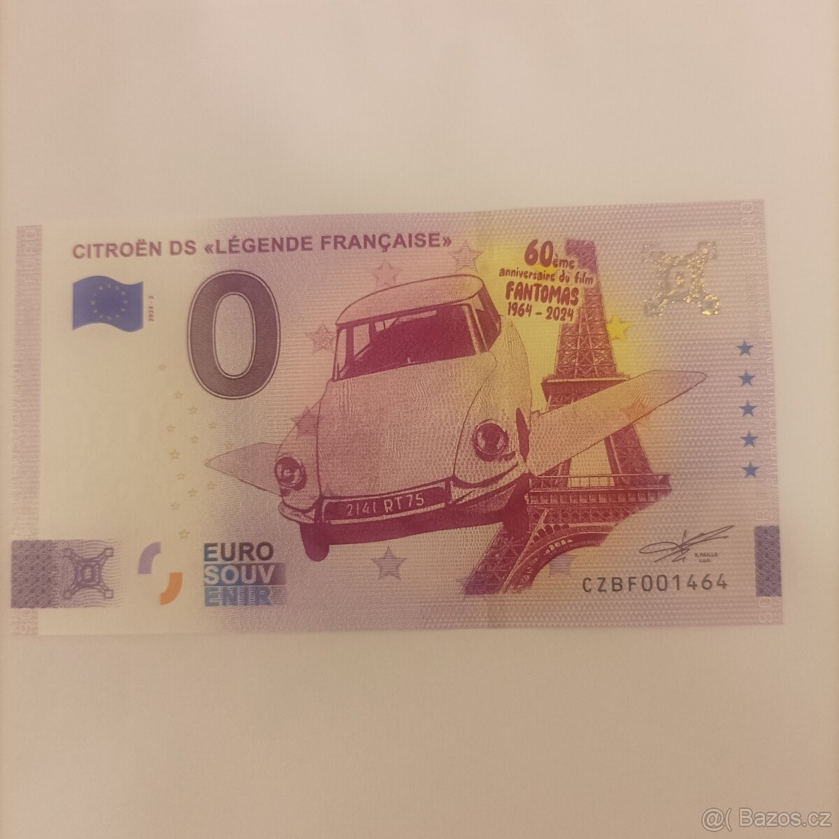 0 euro souvenír Citroen DS Fantomas 60 let