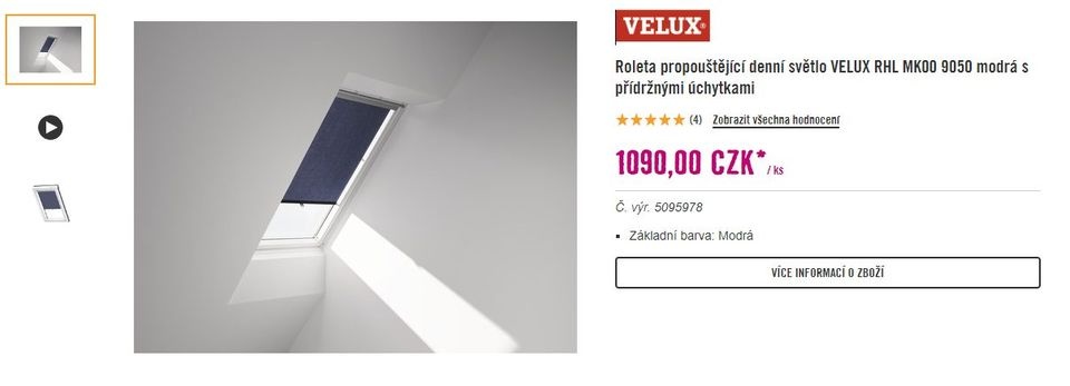 Roleta propouštějící denní světlo VELUX RHL MK00 9050 modrá