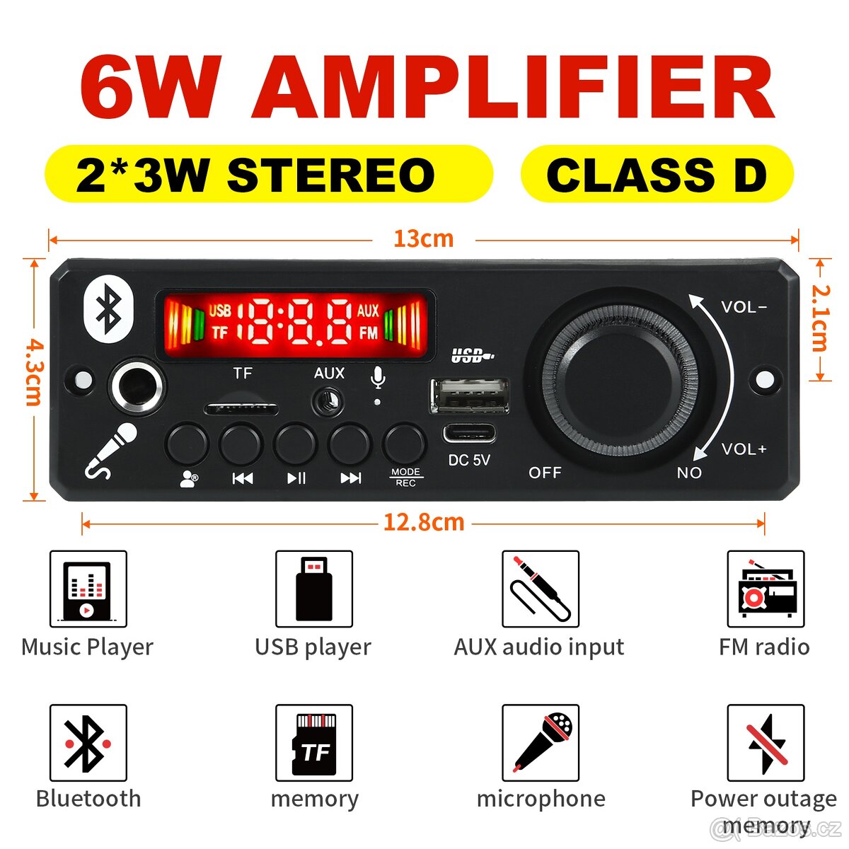 Bluetooth modul s zesilovačem 2x 3w FM USB AUX MIC