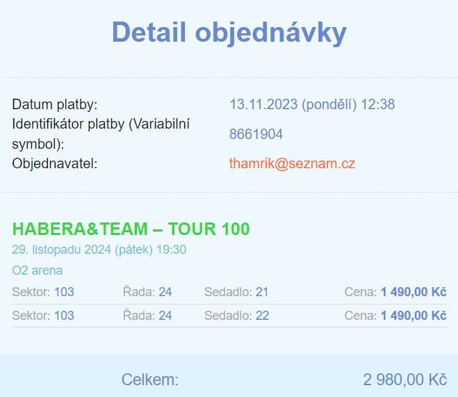 2 vstupenky na koncert HABERA&TEAM – TOUR 100 dne 29. 11. 20