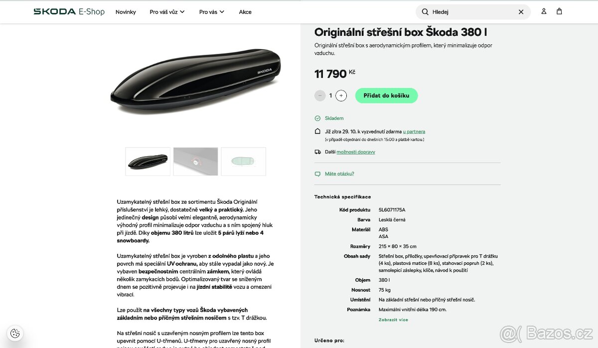 Originální střešní box Škoda 380 l