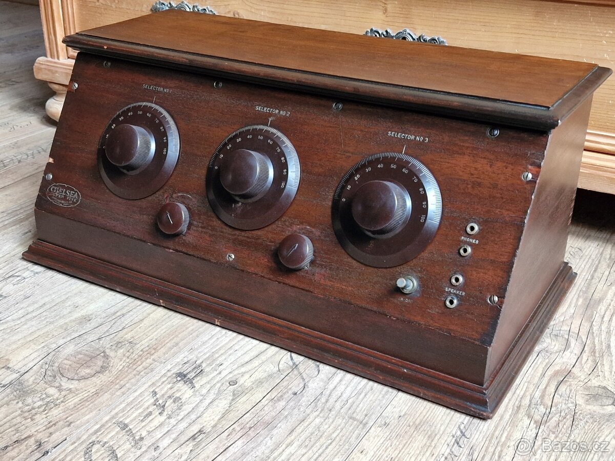 Starožitné rádio Chelsea Super-Five 5, USA, 1925, 5 lampovka