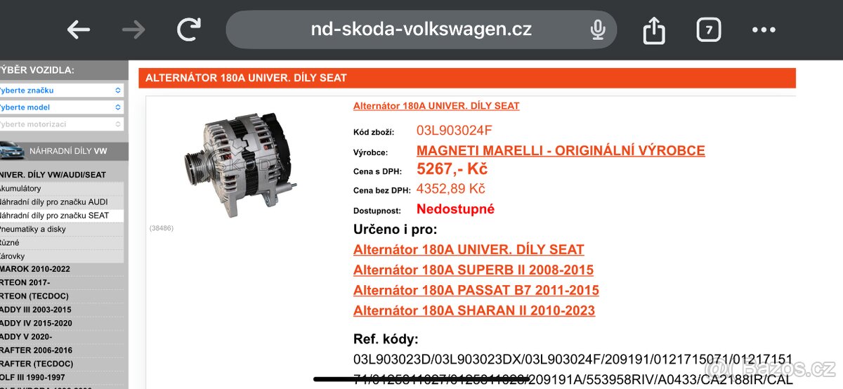 Alternator 180a Passat, Superb