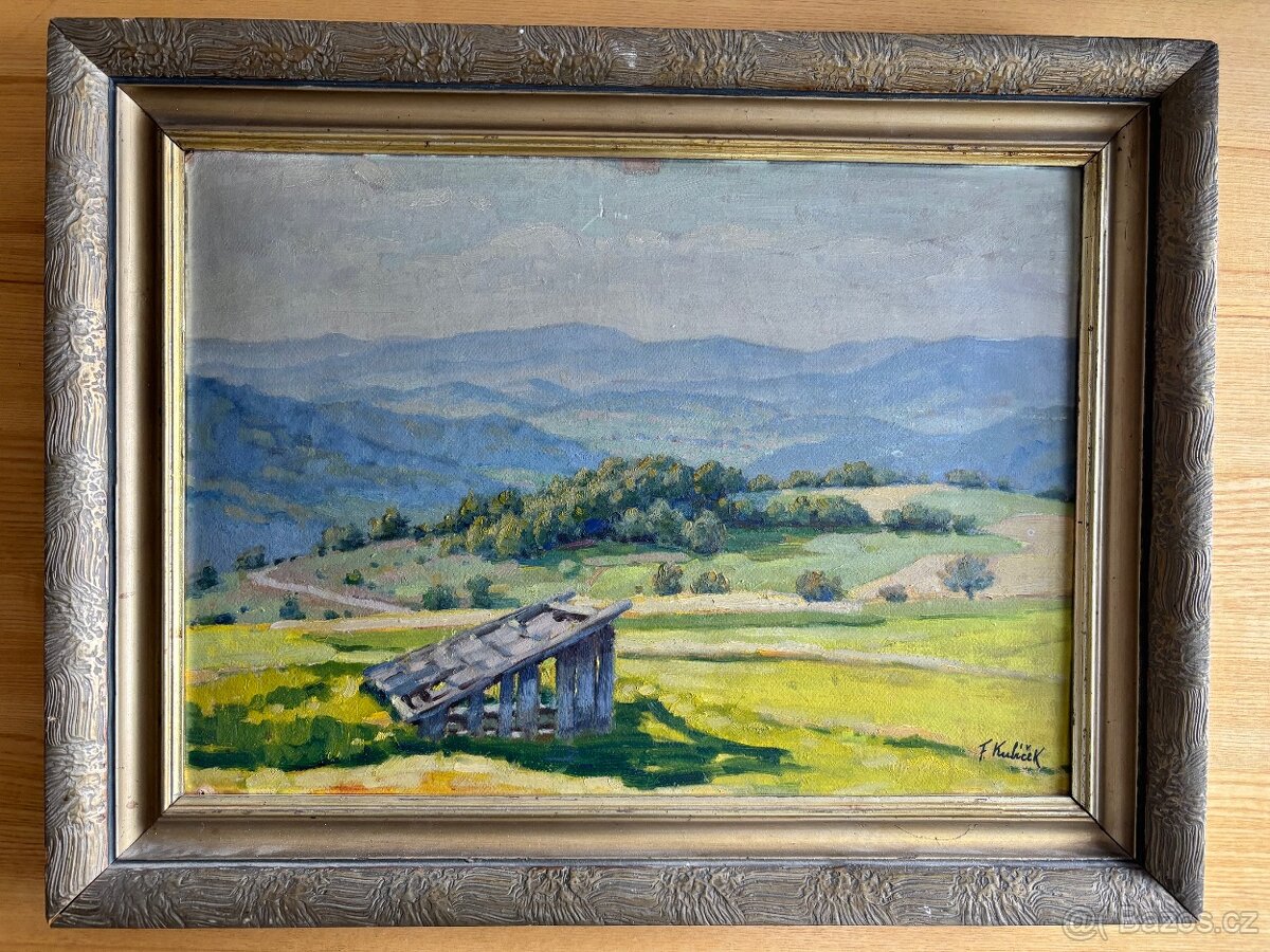 Obraz F.Kubíček, Krajina Beskyd, olej na desce 60x45