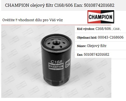 Filtr olejový C168 Champion 5010874201682