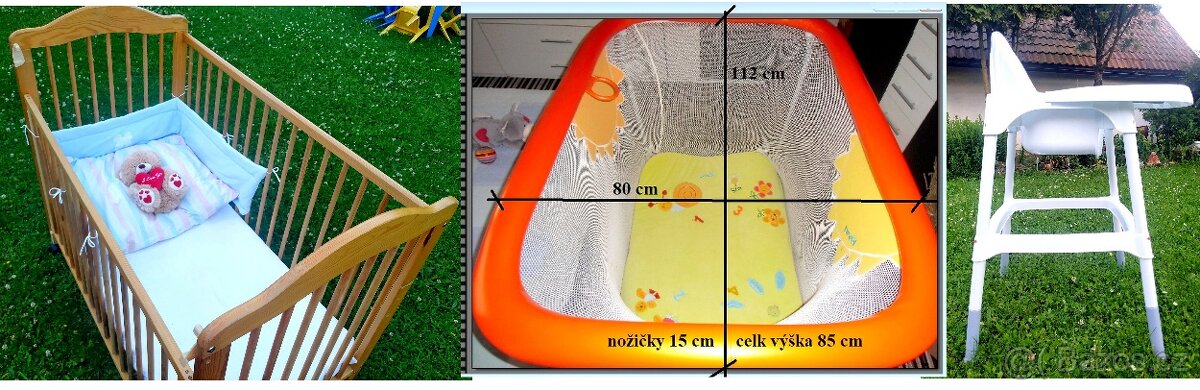 Postýlka skládací mobilní, židlička krmící, postýlka dřevěná