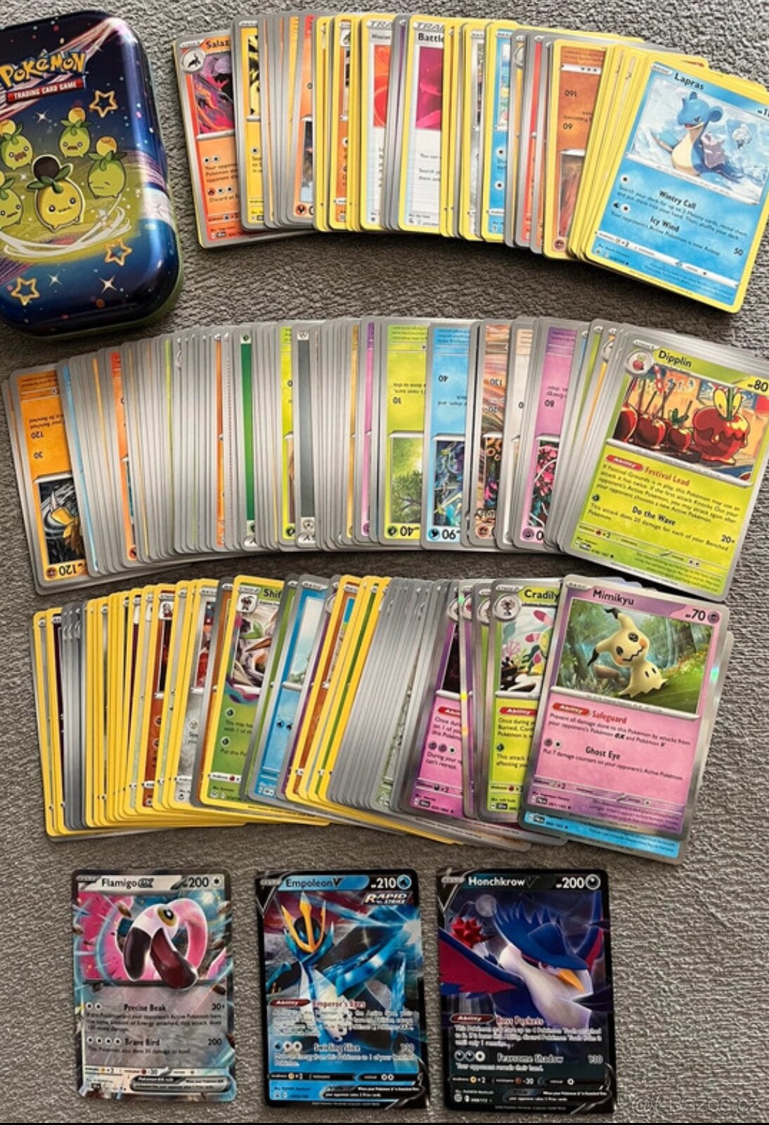 Pokémon karty (EX, V, reverse holo/holo, common)