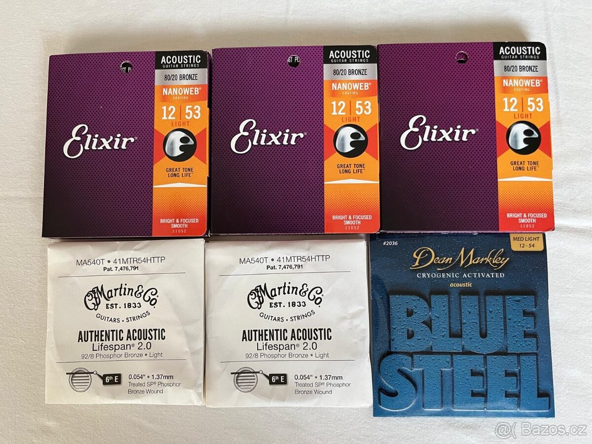 Struny pro akustickou kytaru Elixir, Martin, Dean Markley