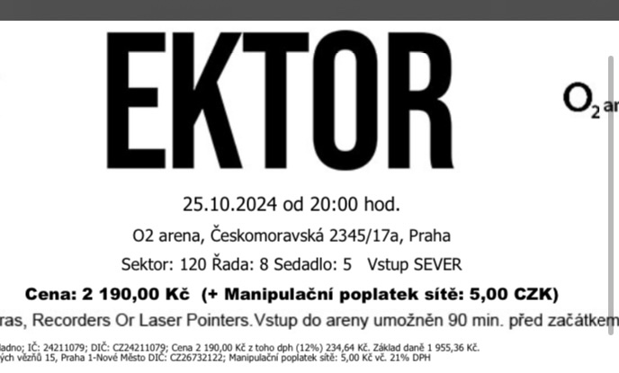 2 x vstupenka Ektor - sezeni