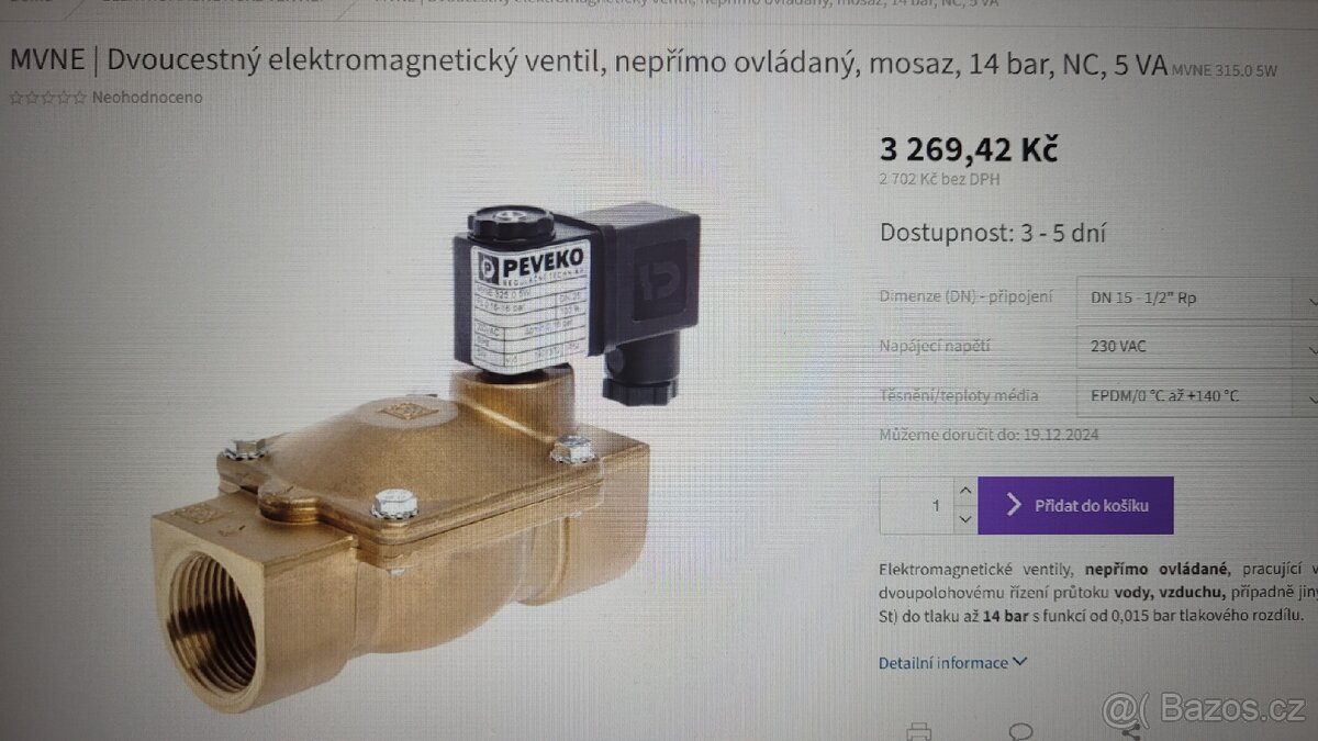 Dvoucestný elektromagnetický ventil PEVEKO MVNE 315