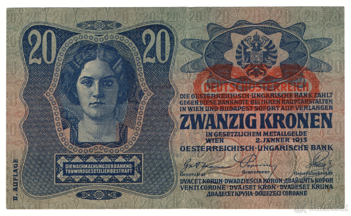 Bankovka 20 korun 1913 neperforovaná