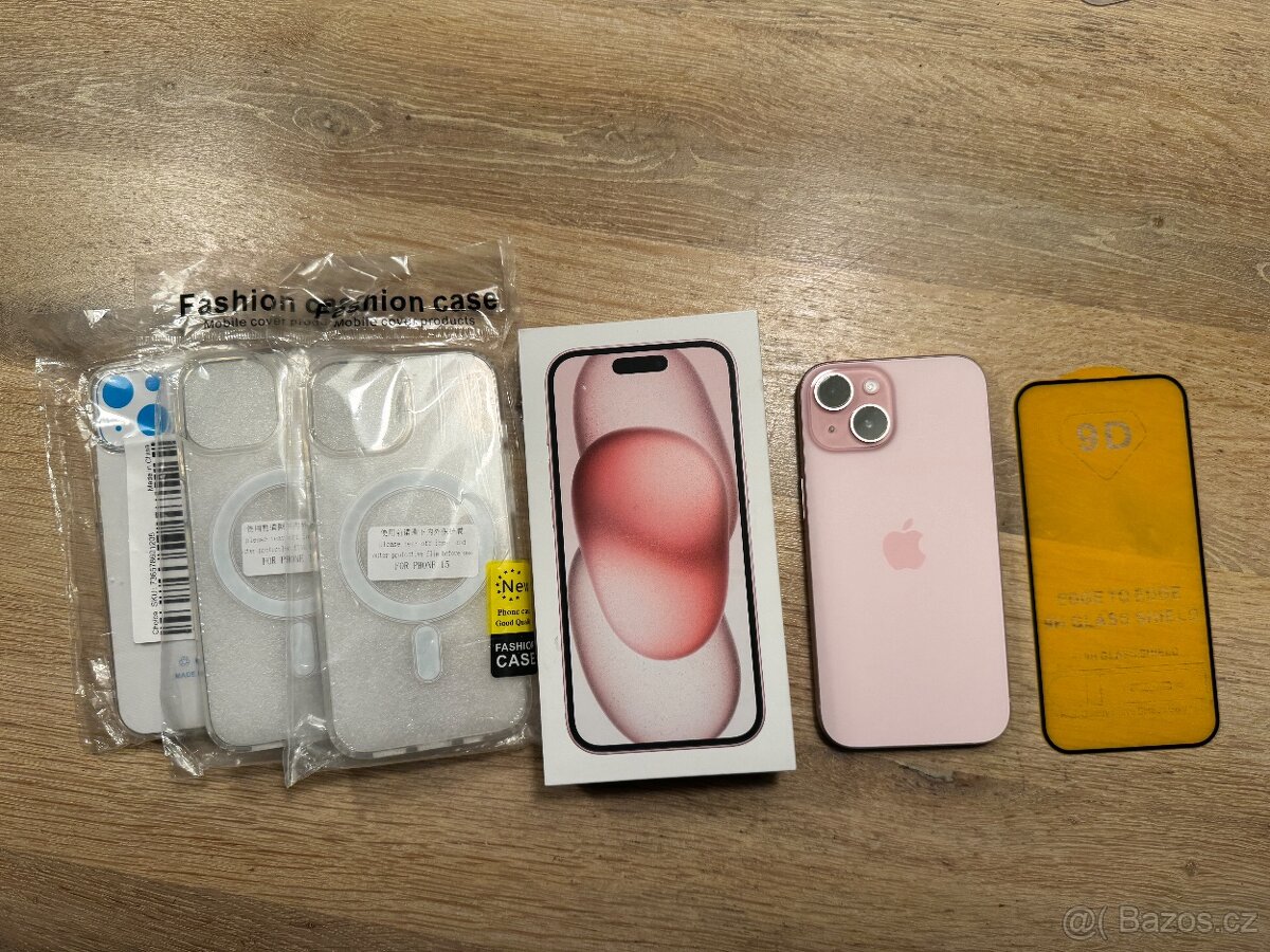 Apple iPhone 15 256GB růžová + MagSafe kryty + sklo