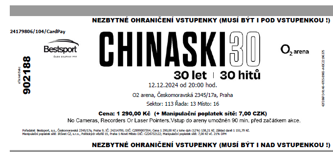 Chinaski 30 let - 1 lístek; 12.12.2024 od 20h