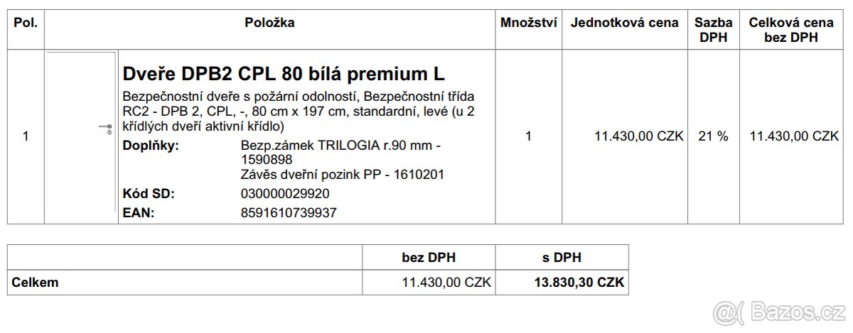 Dveře DPB2 CPL 80 bílá premium P