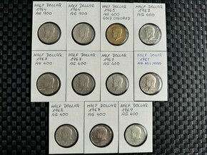 11x Ag Half Dollar - různé ročníky v krásných stavech