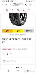 VELMI MÁLO JETÉ ZIMNÍ PNEU SUNFULL SF 982  215/40/17