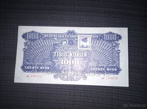 1000 korun 1944, luxusní stav téměř UNC s kolkem Masaryka, p