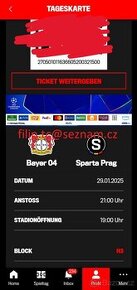 2 lístky na Sparta vs Bayer Leverkusen liga mistrů