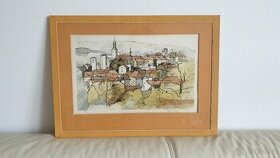 Obraz neznámé české město, tuš a pastel