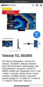 Televize TCL 55C805. Rozbaleno, zaruka 24 mesice. DPH