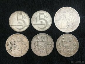 6 kusů stříbrných 5, 10 a 20 Kč ČSR, každá mince jiná - 1