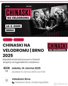 Koncert Chinaski 14.6.2025 Brno,2 lístky