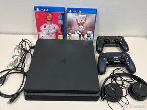 PlayStation 4 Slim 500GB, 2 ovladače, 2 hry, sluchátka