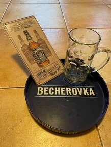 Pijanova výbava-tupák, cedule Jack Daniels, tác Becherovka