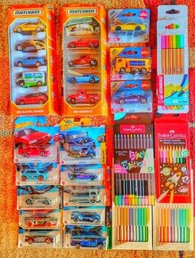 23x hot wheels, matchbox, siku autíčka, pastelky, linery