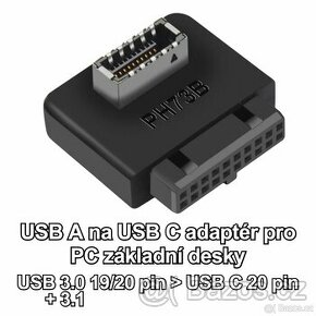 USB A na USB C adaptér/redukce pro PC základní desky 20-pin