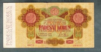 Staré bankovky 50 korun 1919 VELMI VZÁCNÁ, serie 0070, širok