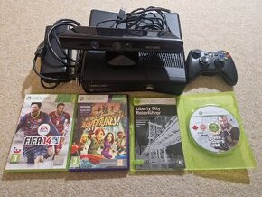 Xbox 360 + kinect, bezdrátový ovladač a tři hry