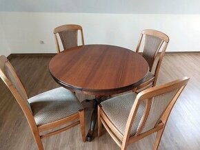 Kulatý jídelní stůl rozkládací a 4 židle - masivní