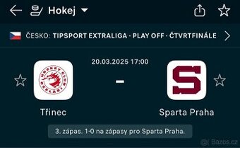 2 VSTUPENKY NA HC OCELARI TRINEC - HC SPARTA PRAHA