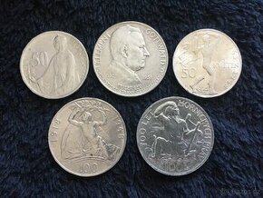 5 kusů stříbrných 50 a 100 Kčs ČSSR, každá mince jiná