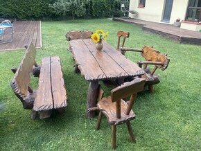 Nábytek zahradní set masiv stůl, lavice, 2x křeslo, 2x židle