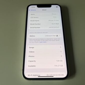 Iphone 13 mini,128GB Nová baterie hlásí: neznámý díl