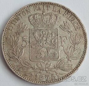 Stříbrná mince 5 Frank 1875 Leopold II. Belgie