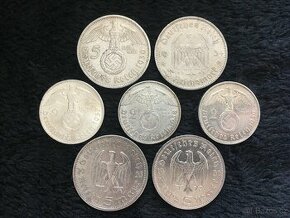 7 kusů stříbrných 2 a 5 marek Třetí říše, každá mince jiná