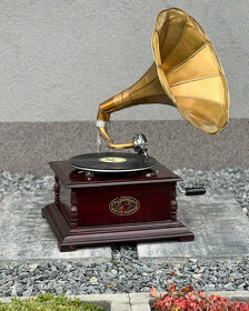 Retro čtyřhranný gramofon s troubou vintage - krásný kus ant - 2