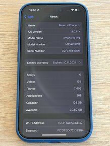 Apple Iphone 15 PRO, 128 GB, Blue Titan, Top stav - 2