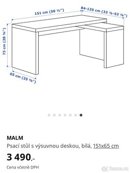 MALM bily psaci stůl s výsuvnou deskou (151x65 cm) - 2